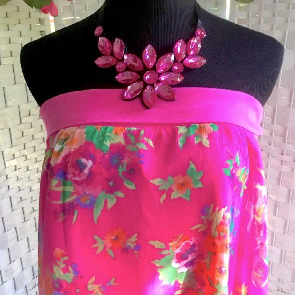 Pink Rhinestone Floral Statement Necklace Flower Crystal Bib - Picture 3 of 8